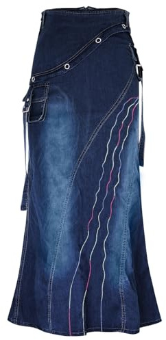 Fishtail Jupe longue en jean pour femme - Bleu foncé - Longue jupe stretch - Look usé - Grandes tailles - Jupe crayon vintage - Jupe crayon - Jupe trapèze - Jupe en jean élégante, bleu foncé, L