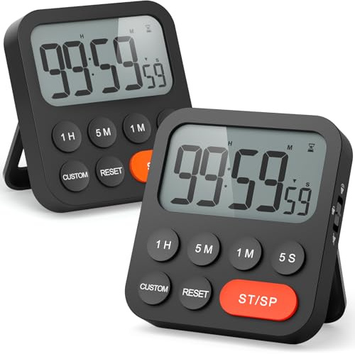 LIORQUE Temporizador de Cocina Digital Temporizador Multifunción con Función de Reloj, Ajuste Rapido, 3 Niveles de Volumen, Respaldo Magnético, Soporte Plegable - Negro (2 Piezas)