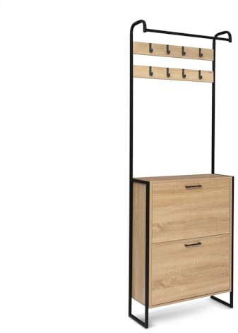 Eingangsgarderobe mit Garderobe und Schuhablage in Holz- und Metalloptik