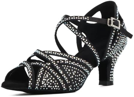 Syrads Donne Strass Scarpe da Ballo Sala Latino Salsa Danza Tacchi Scarpe Peep Toe Cross Strap Scarpe Donna,Nero 6cm Heel,36 EU