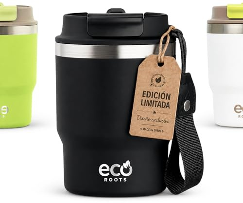 ECOROOTS Evergreen – Vaso Térmico 360 ml | Termo de Café sin BPA Antifugas | Taza Térmica para Llevar Acero Inoxidable | Tapa Hermética I Travel Mug Frío y Caliente (NEGRO VELVET – EDICIÓN LIMITADA)