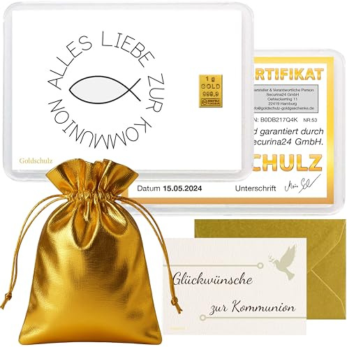 Goldschulz Goldbarren 1g 1 Gramm Motivbox - Alles liebe zur Kommunion - Geschenk + Echtheitszertifikat