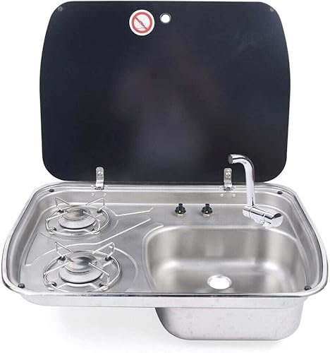 Gas Camping Stove Built-In RV Gas Cooktop 2 Burner Gas Stove Hob and 1 Stainless Steel Sink Combo w/Glass Cover for Outdoor Camp Motorhome Caravan Camper RV Kitchen Only Use LPG Gas,With Fau