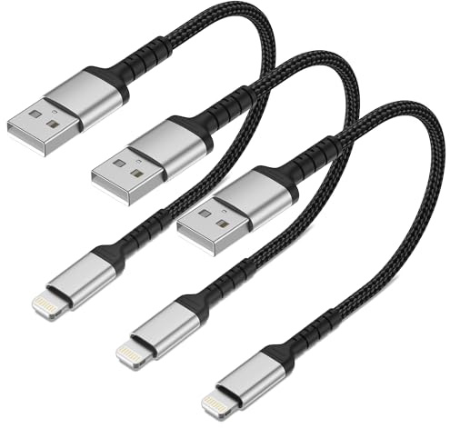 ADILIFT Kort iPhone-laddningskabel, 20 cm, 3-pack, USB A till Lightning MFi-certifierade nylonkablar, snabbladdningskabel för iPhone 14 13 12 11 Pro Max XS XR X 8 7 6 Plus
