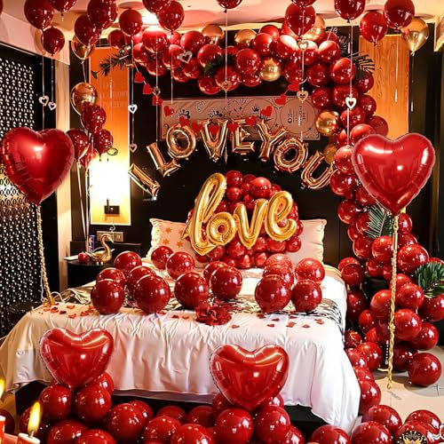 Tacobear Valentinstag Deko Set Herzluftballons Rosenblätter Herzanhänger Liebesflagge Romantische Dekoration für Valentinstag Hochzeitsdeko Verlobung Geburtstag Party (Rot)