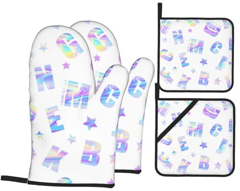 Handschuhe Und Topflappen-Set, Briefe Englisch Hot Pads Kits Waschbarer Topfhandschuhe Hitzebeständig Ofenhandschuhe Für Küche Zubehör Dekoration Grillen
