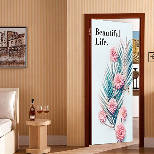 3D Türaufkleber Rosa Blumen Türtapete selbstklebend Fototapete Türposter Türfolie Türsticker PVC Wasserfest Wandbild Für Wohnzimmer kinder bad Schlafzimmer B90 x H200cm