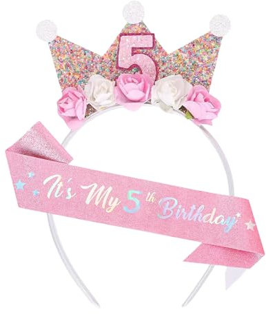 FloralGrace Corona di compleanno per 5 anni, corona di compleanno, 5 anni, cintura di compleanno per bambine 5 anni, corona per bambine 5 anni, cintura di compleanno per 5 anni, multicolore, L