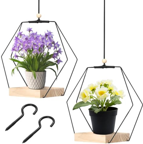 Fioriera sospesa per interni, in metallo, colore nero, vaso da fiori da appendere con base in legno, a soffitto, per piante, per piante da interno, per piante grasse e piante aeree, 2 pezzi