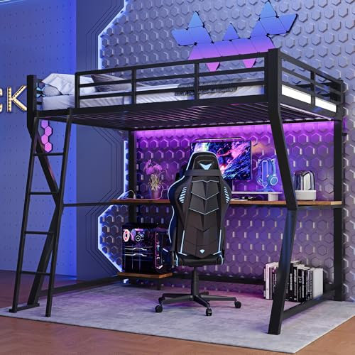 TOBIDOEN Lit mezzanine, 90 x 200 cm, avec balustrade et échelle de sécurité, haut fonctionnel, avec étagères sous les pieds et bureau, sans matelas, cadre en métal pour un soutien stable, noir, 90 x