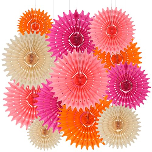 BestoFun - Lot de 12 éventails en papier - Orange - Pompons en papier crépon - Fleurs roses - Pêche - Guirlande de fleurs suspendues - Décoration de fête crème pour enfants - Décoration d'anniversaire