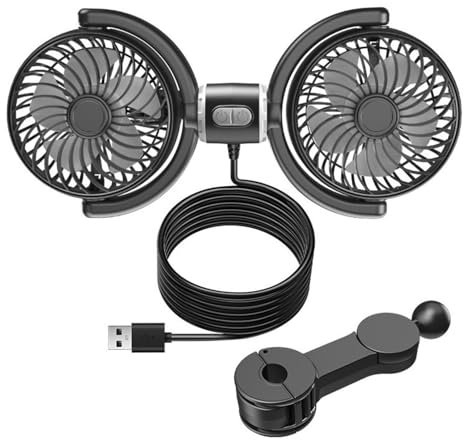 Générique Ventilateur de Voiture 12V à Double Tête, Ventilateur de Véhicule USB Portable, Refroidissement Silencieux Ventilateur pour Siège Arrière, 3 vitesses, rotation à 360° pour Enfants, Chien