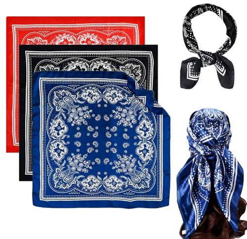 Gotetiso 3 Piezas Pañuelos Satén Cuadrados Pañuelos Cuello Mujer Bufanda del Bolso de La Hembra Pañuelo Cabeza Diadema Seda de Playa Estampado Clásico Multifunción Pelo Accesorios Madre y Dama Regalos