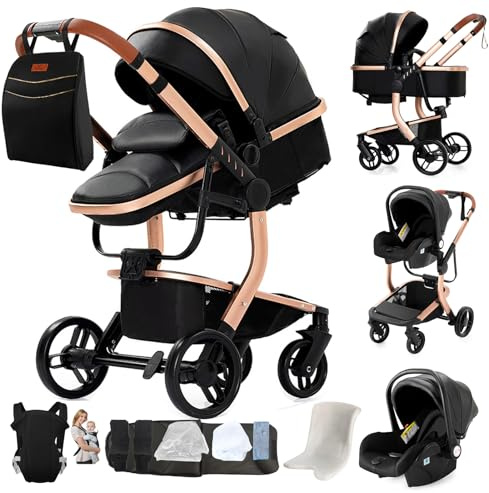 Veitoalioy Pelle PU Passeggino Trio, Trio Neonati con Accessori, Carrozzina per Neonati con Design Portatile Pieghevole Un Clic, Passeggino 3 in 1 con Spinta Reversibile a Due Vie (M518 Black)