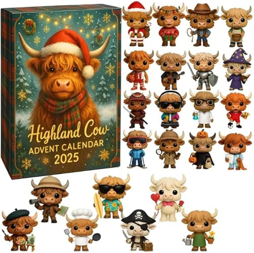 Highland Cow Advent Calendar 2025, 24 Days Christmas Countdown Calendar with 24 Different Mini Highland Cow Ornaments,Perfect Holiday for Cow Lovers