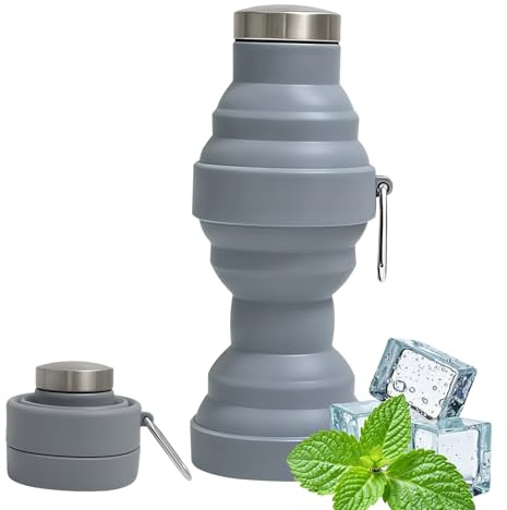 dellyy Botella Plegable 550ml, Botella Agua Plegable Silicona, A Prueba de Fugas y Portátil, Libre de Bisfenol A – Ideal para Running, Camping, Viajes y Desplazamientos (Gris)