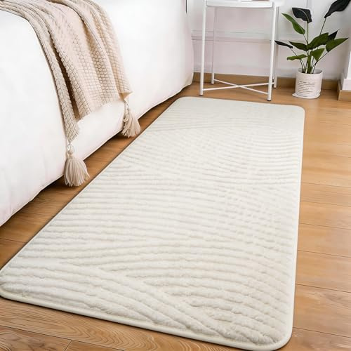 Edlbaegy Small Rug 60x120cm Modern Rugs for Bedroom Non-slip Cream Bedside Rug Geometric Fluffy Carpet Runner for Hallway Living Room Lounge Bathroom