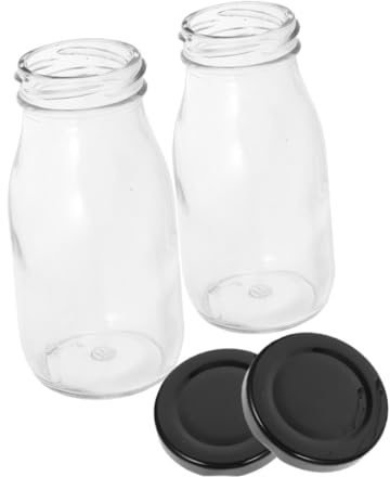 MOTHNUR Botellas de Vidrio para Leche y Yogur 200 Ml con Tapa Metálica Hermética, Pack 2 Unidades, Recipientes Rellenables para Bebidas, Reutilizables y Pequeñas para Cocina Doméstica
