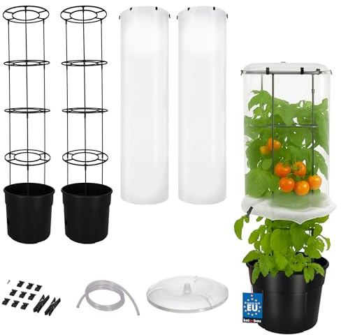 KOTARBAU® Tomatenturm mit Tomatenhaube, Tomaten Rankhilfe, Komplettset, PVC | 2er Set Tomatentopf mit Rankhilfe & Wasserspeicher ⌀ 39 cm + Schutzfolie für Tomatenpflanzen, 153 cm hoch, Gurken Pflanztopf