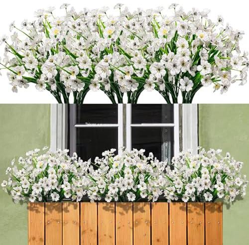 Titifeya 10 Bundles Artificial White Violet Flowers Outdoor UV Resistant Plastic Fake Plants, Artificial Faux Plants for Garden Window Box Hanging Planter Indoor Home Porch Decor