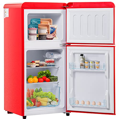 Merax Retro Kühlschrank Rot 60L Kühl-Gefrierkombination, Mini Kühlschrank mit Gefrierfach 22L, Zweitürig Kühlschrank Freistehend, 7 Temperaturstufen, LED Licht,45,5x88,8 cm - Antikrot