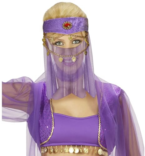 W WIDMANN MILANO Party Fashion, lila Haarband mit Schleier, raffinierte Details mit goldenen Ketten und rotem Stein, 100% Polyester, langlebig, vielseitig für Shows und Feste, Marke
