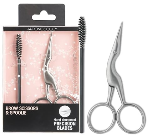 JAPONESQUE Brow Scissors and Spoolie, Stainless Steel Scissors for Brow Grooming and Trimming, Brush Tool for Brow Shaping