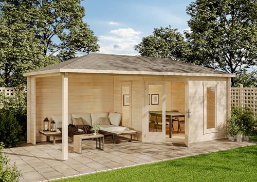 Alpholz 5-Eck Gartenhaus Liwa aus Holz in imprägniert Pinie mit 28 mm Wandstärke und Walmdach, Größe: 595 x 300 cm