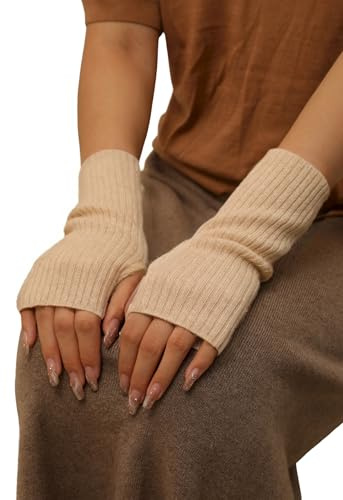 Prettystern Cachemire Lana Donna scaldamani guanti senza dita scoperte Manicotti Polsini Scaldabraccia Cashmere Beige