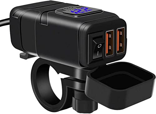 Kriogor Caricabatterie Dual USB, Presa USB QC 3.0 e Voltmetro LED 6-30V, Adattatore USB per Moto Impermeabile IP65, con Interruttore per SUV Marino 12V (Blu)