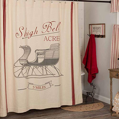 Piper Classics Schlittenglocken-Duschvorhang, bedruckt, 183 x 183 cm, Bauernhaus, Weihnachten, Rot / Creme mit bedrucktem Schlitten und Glocken, Landhaus-Dekoration