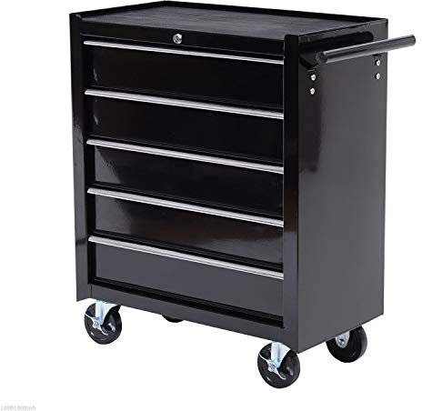 HOMCOM Steel 5-Drawer Tool Storage Cabinet Lockable with Wheels Handle 2 Keys Garage Equipment Trolley Home Work DIY Workshop Chest Black