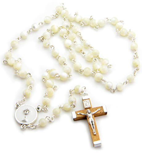 Fatima Store - Chapelet de première communion en nacre, médaille avec calice et croix en bois, avec pochette bleue imprimée, souvenir de communion pour enfant