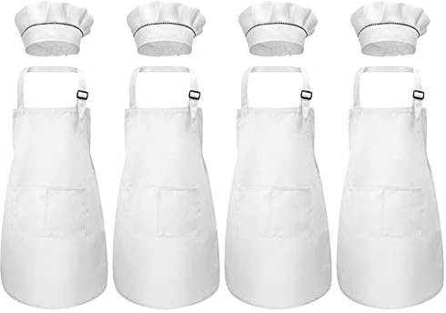 Fodlon Grembiule Cucina Bambini e Cappello da Cuoco, Bianco Grembiule da Chef Regolabile con Tasche per Cottura Cucinare Pittura 6-13 Anni (4 sets)