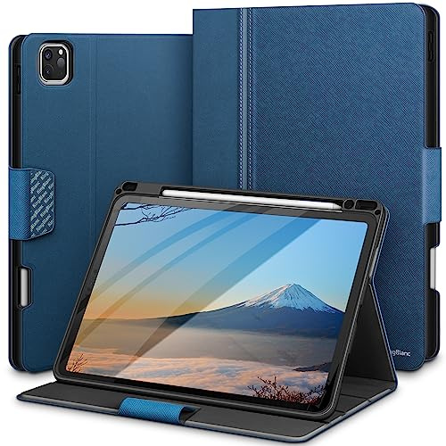 KingBlanc Hülle für iPad Pro 12,9 6./5./4./3. Gen Blau | Design mit zwei Texturen, Integrierter Stifthalter, PU leder, Verstellbarer Ständer, Auto Schlaf/Wach