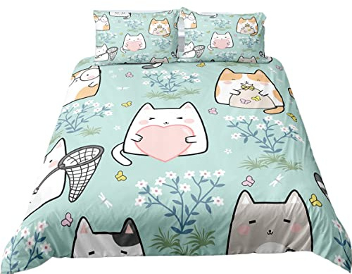 Funda Nordica Cama 90/105/135/150 Juveniles Animal Gato Flor Verde Microfibra Cremallera Juego De Cama Funda De Edredón Ropa De Cama 3 Piezas Para Niños y Niñas (Verde B,Cama 135/150 (220 x 240cm))