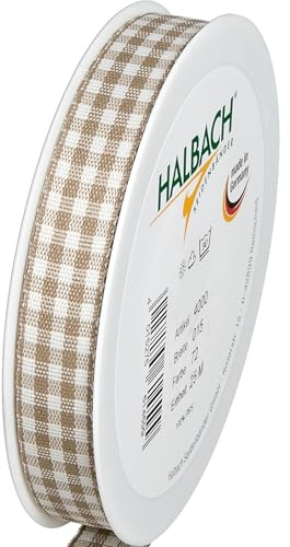 Halbach Vichy-Karo-Geschenkband, 15 mm x 25 m, leinen | Kariertes Geschenkband, Made in Germany und Öko-Tex 100 zertifiziert, waschbar und wetterfest zum Verpacken und Dekorieren