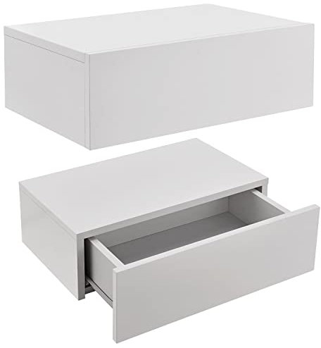 Juskys Wandregal Nachttisch hängend 2er Set Holz 46x30x15 cm BTH - 1 Schublade & Ablage pro Nachtkommode - Wandmontage - Nachtschrank Weiß Hochglanz