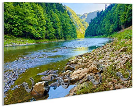 Wallario Schlüsselbrett aus Glas 30 x 20 cm, Wand Schlüsselhalter mit 4 Haken, Motiv: Fluss in den Bergen an steinigem Ufer
