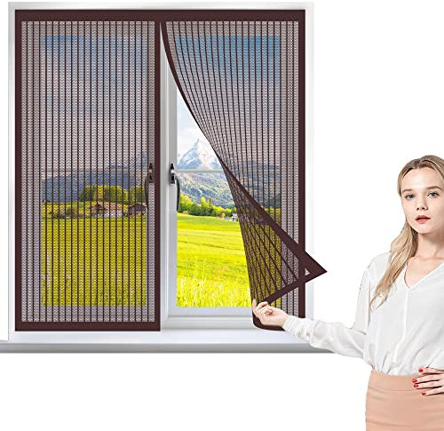 Fliegennetz Fenster Magnet 135 x 90 cm, Insektenschutz Insektenschutzgitter Terrassentür, Automatisches Schließen für Windows/Wohnzimmer Fenstern, Braun