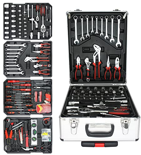 White Aluminum Trolley Case Tool Set, Silver Hand Tool Box with 4 Layers of Toolset and Wheels, Household Hand Kit Plastic Toolbox Storage Case for House Repair, Garden, Office