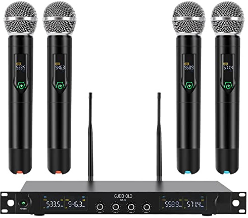 GUDEHOLO Sistema microfonico wireless a 4 canali, microfono senza fili Quad UHF in metallo, 4 x 25 canali, sistema microfono professionale senza fili per chiesa, DJ, karaoke, matrimoni, set KTV a casa
