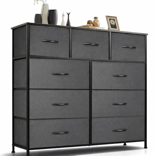 DUMOS Kommode für Schlafzimmer mit 9 Stoffschubladen, hohe Kommode Organizer für Kleidung, Schrank, Kinderzimmer, Aufbewahrungsturm mit Schrank, Metallrahmen, Holzplatte
