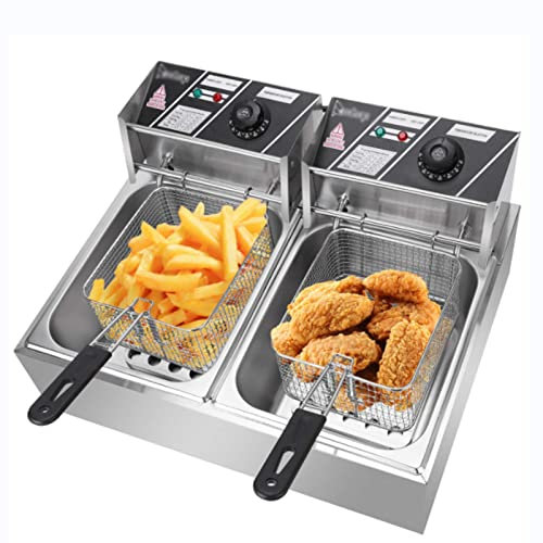 LAMEDOAT 12 Litre 5000W Stainless Steel Fryer, Commercial Electric Deep Fat Fryer Countertop Oil Fryer with Timer and Temperature Control for Restaurant and Home Use (Dual Tank)