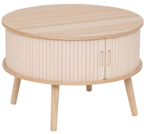 Atmosphera – Runder Couchtisch Nysos, Beige und Holz, Durchmesser 60 x Höhe 41 cm, Schiebetüren mit Lamellen – Für Wohnzimmer, Beistelltisch