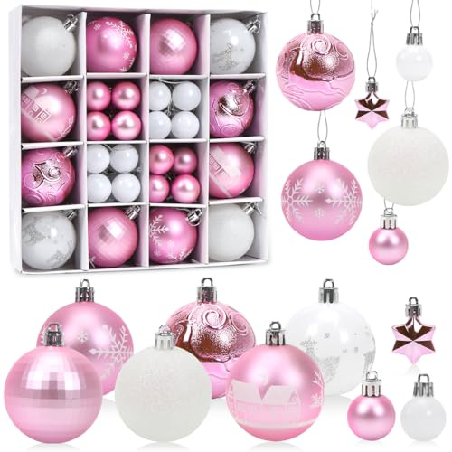 Bolas de Navidad Rosa Blanco, 44 Piezas Decoracion Arbol Navidad, Bolas y Estrellas para Árbol, Bolas Navideñas de Plástico, Adornos Navideños, Regalos Navideños Colgantes