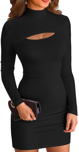 ELFIN Damen Bodycon Kleid Gerippt Langarm Minikleid Cut Outs Stehkragen Party Club Mini Kleid Einfarbig (M, Schwarz)