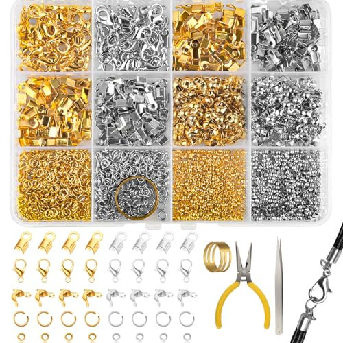 1270 Stück Kettenverschluss Set mit 3 Werkzeugen, Schmuckherstellung Set Karabinerverschluss, Offene Biegeringe, Crimpenden, Verbinder, Fixierperle, Gold Silber Verschlüsse für Halsketten Armband DIY