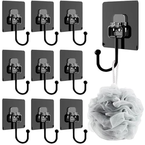 Klebehaken Extra Stark, 10 Stück Schwarz Selbstklebend Haken, 180° Drehbare Klebehaken Decke oder Wand, Wasserdicht und Spurlos Handtuchhaken, Hohe Tragkraft, ideal für Küche, Bad, Deko,Wandhaken