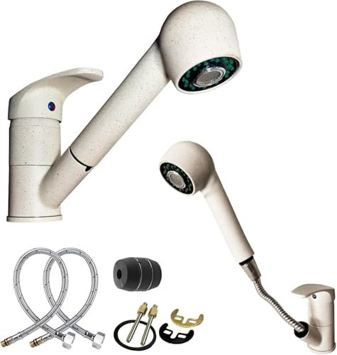 MAKA Rubinetto Cucina con Doccetta Estraibile, in Acciaio Inox - Girevole a 360° - Miscelatore Cucina con Accessori per Montaggio, Miscelatore Monocomando Beige Opaco, Flessibili inclusi (Doccino)